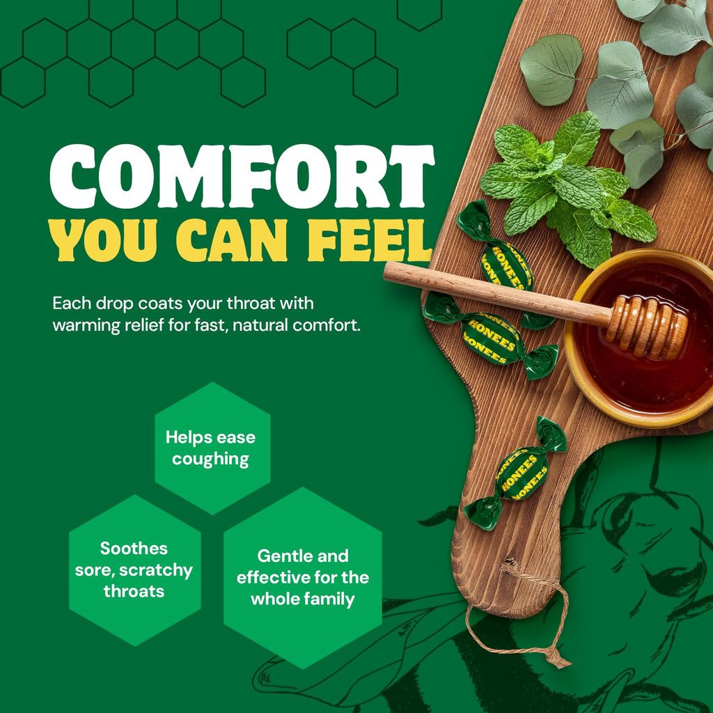 Honees Filled Menthol Cough Drops, Honey, Menthol & Eucalyptus Cough Drops- Natural Sore Throat Relief - Nothing Artificial -Throat Lozenges, Non-GMO (5 Pack - 100 Drops)