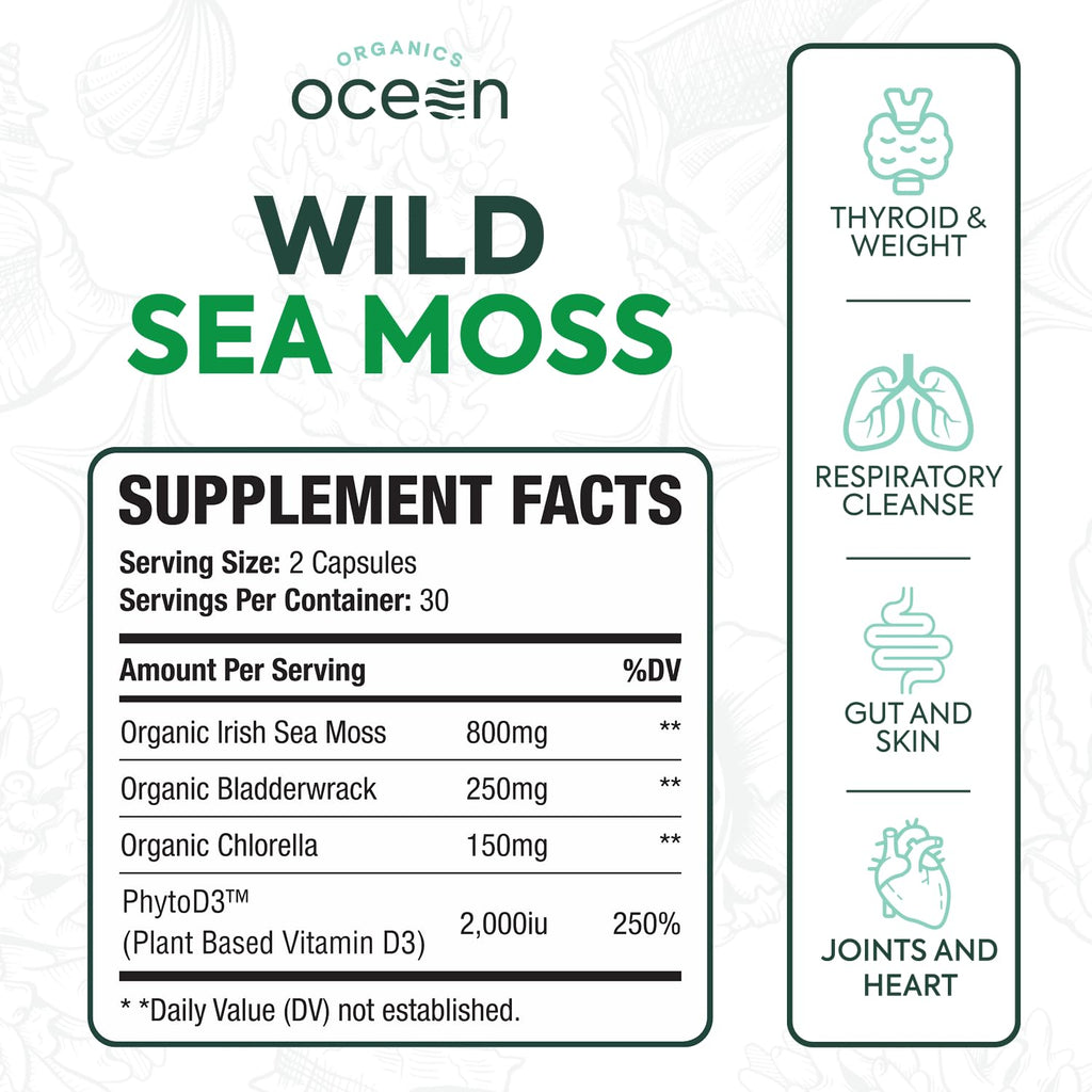 Organics Ocean Wild Sea Moss Capsules - 100% Organic Irish Sea Moss with Organic Chlorella, Bladderwrack and Vitamin D for Energy, Lung Health and Thyroid Support for Women and Men - 60 Capsules