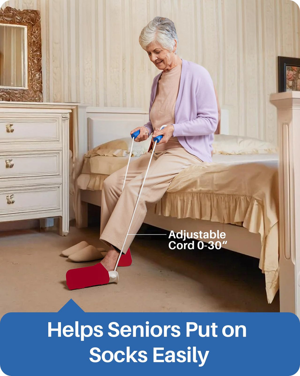 Jellas 4.6 Inch Wide Sock Aid Kit - Long Rope Assist Device for Seniors, Limited Mobility, Post-Surgery | No Bend Sock Helper & Remover | Easy On/Off Socks Tool (White)