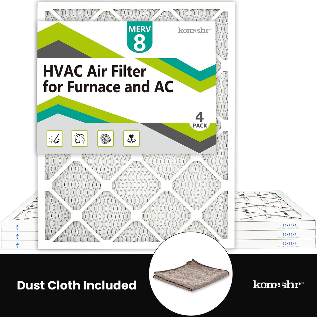 Komashr 20x25x1 Air Filter MERV 8 (4-Pack), HVAC/Furnace AC Filter Replacement, Dust Defense–Comparable with MPR 600 & FPR 5 (Actual 19.75x24.75x0.75)