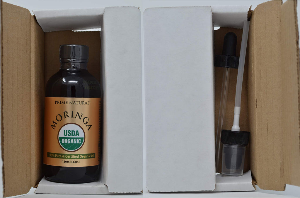 PRIME NATURAL Organic Moringa Oil USDA Certified, 100% Pure, Cold Pressed, Virgin, Unrefined Oil (4oz /120ml) - Joints, Skin, Face, Body & Hair - Vegan - Food Grade - Natural Moisturizer
