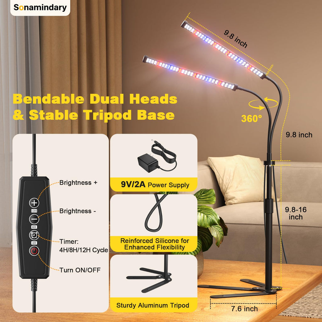 Sonamindary Grow Lights for Indoor Plants, Full Spectrum, Dual Head Tripod
