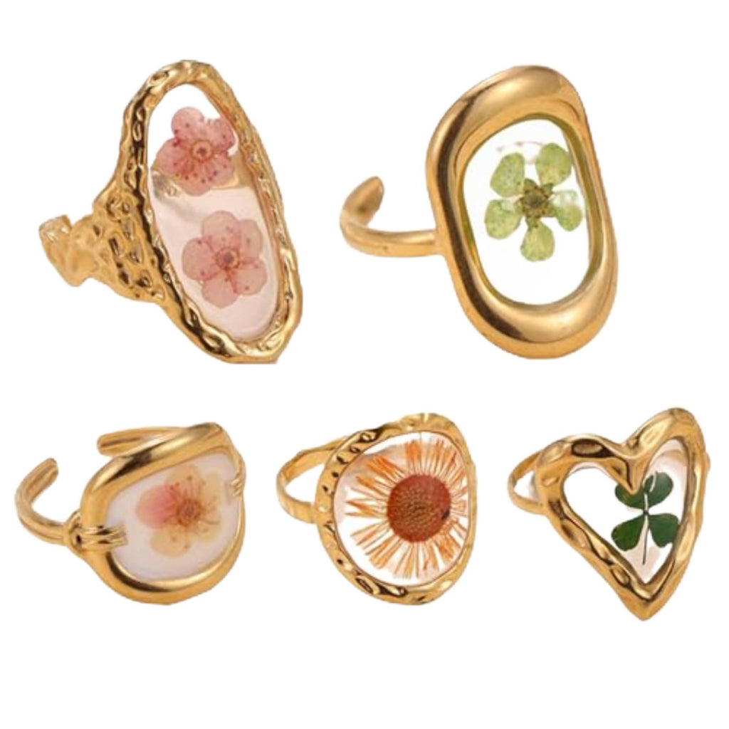 Vhitler 5pcs 18k Gold Plated Floral Adjustable Rings Chunky Gold Rings Vintage Jewelry Y2k Accessories Don't Tarnish Ring Set (Style2)