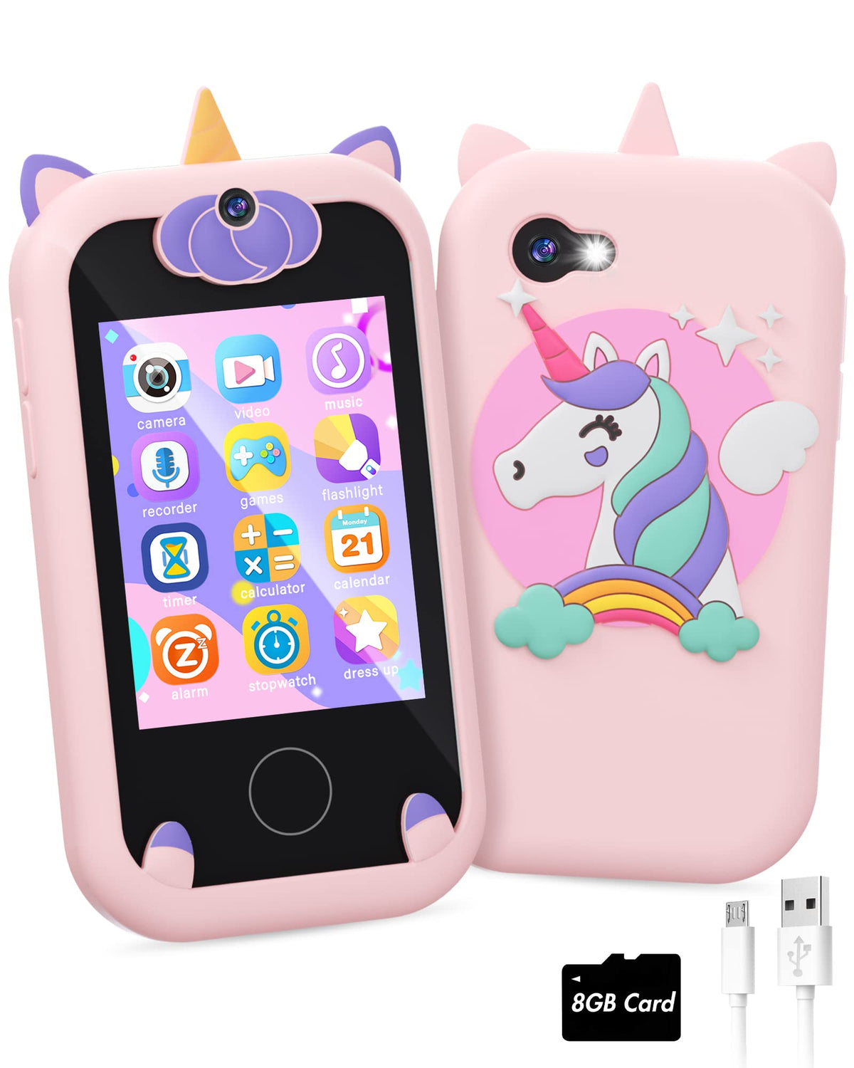 Joozfee Kids Smart Phone for Girls Unicorn Toys with 8G Memory Card,Pink