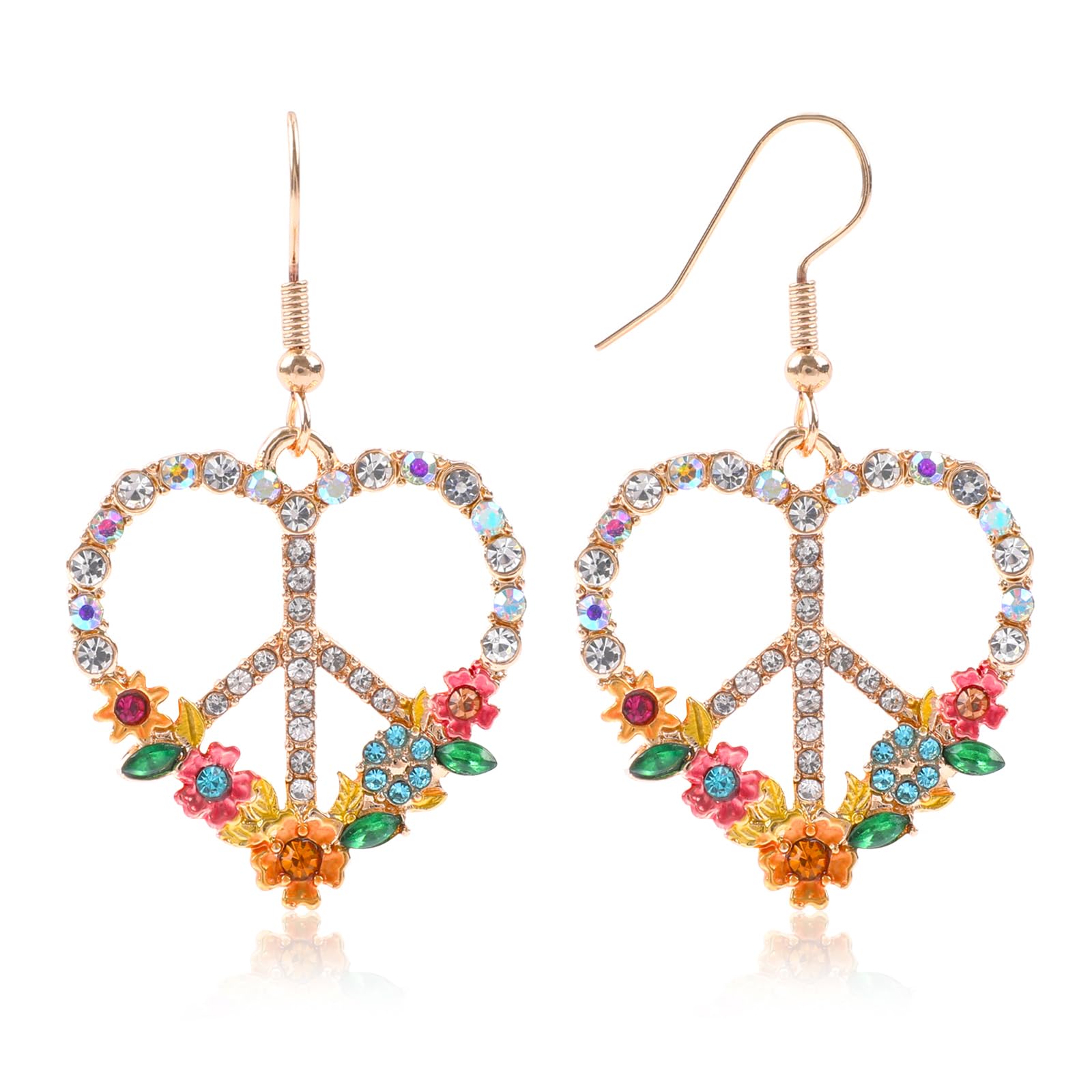 Peace Sign Earrings, 70s Hippie Earrings, Boho Heart Flower Diamond Drop Earrings for Women, Zirconia Love Heart Pendant Dangle Peace Earring, Rose Gold Chain Birthday Valentines Day Jewelry Gifts