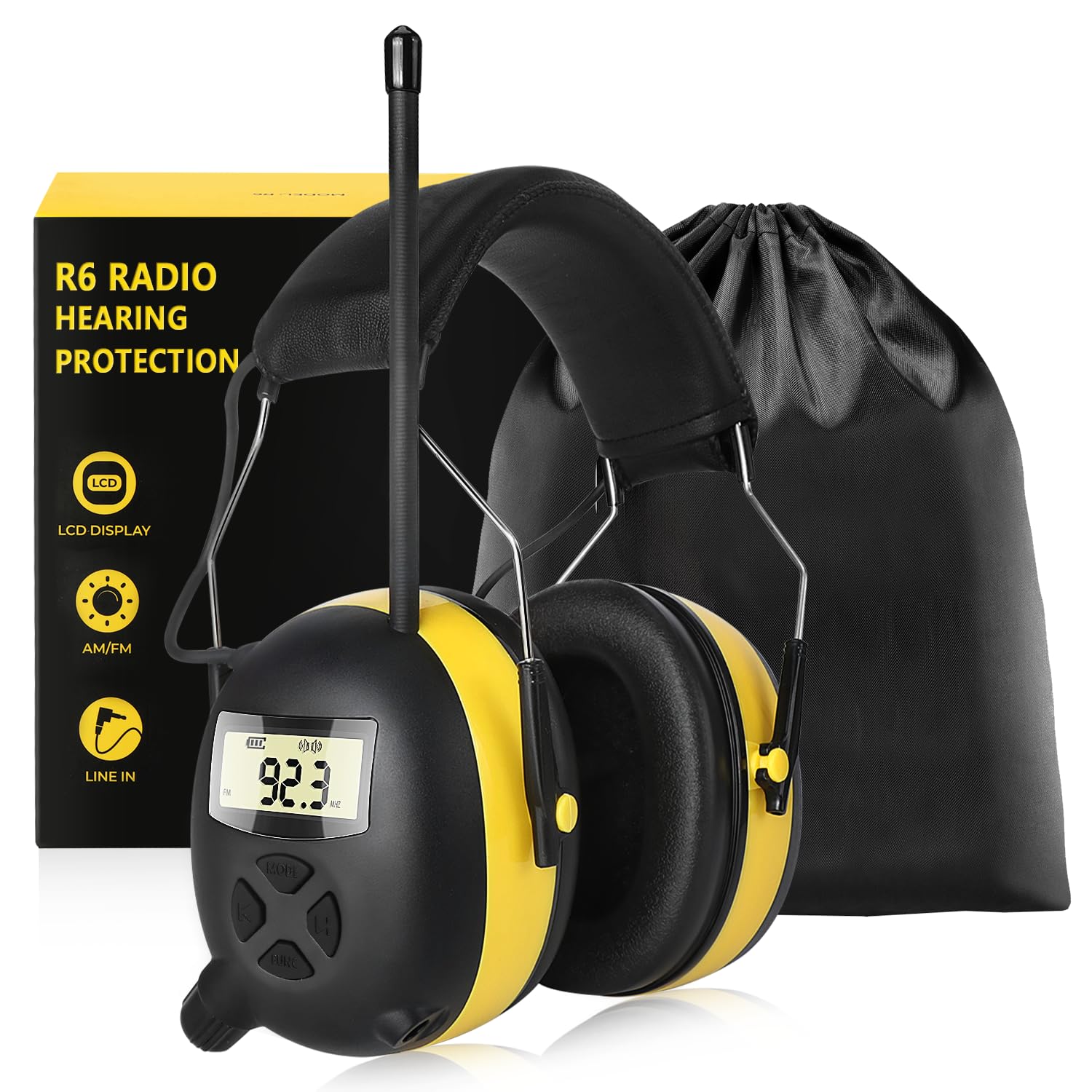 BJKing AM/FM Radio Headphones with Digital Display, 30dB AM FM Hearing Protection Safety Ear Muff, Ear Protection Headphone for Mowing, Landscaping, Shooting and Construction Black-Yellow