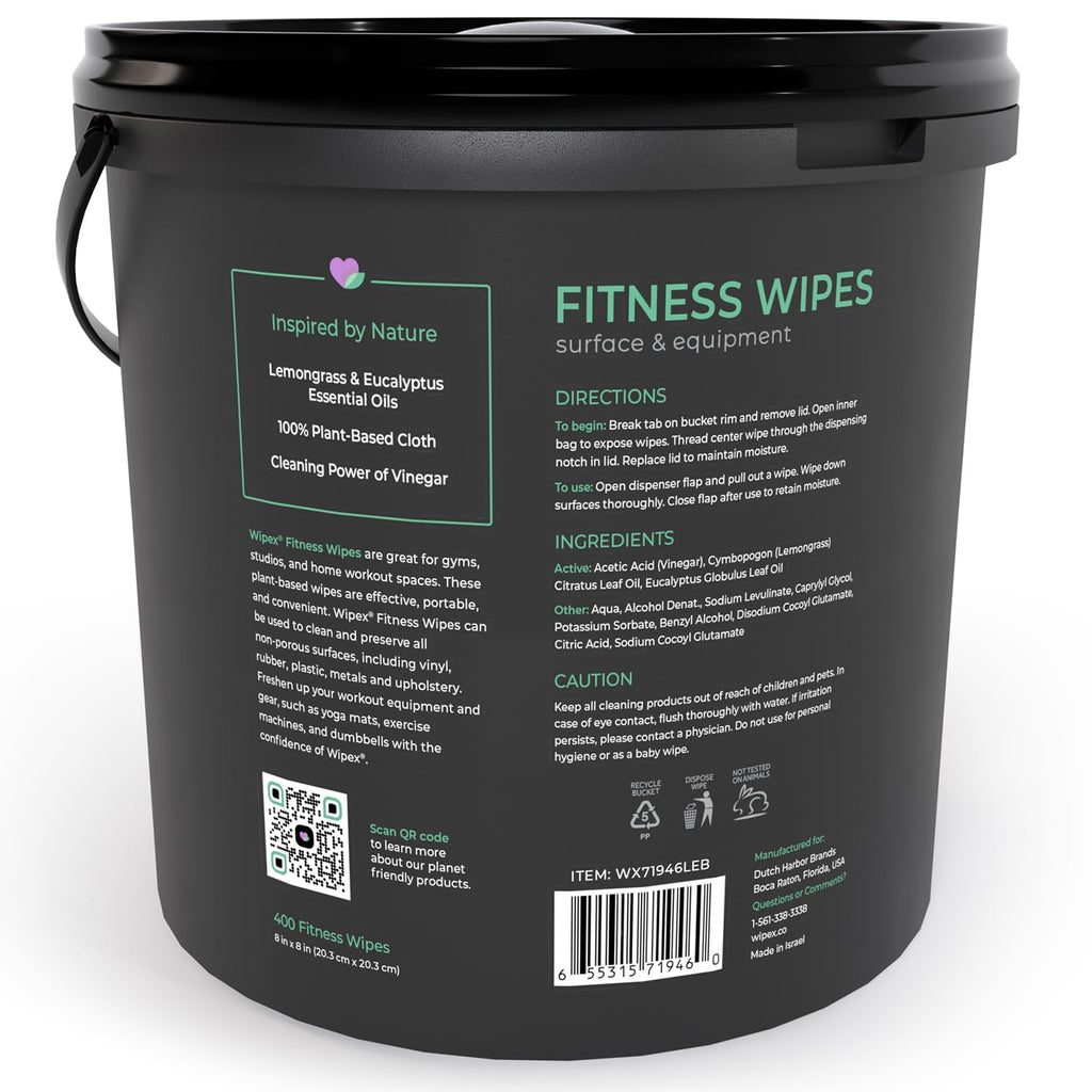 Wipex Yoga Mat Cleaner Wipes, EWG Verified, 400 Ct Plant-Based Lemongrass, Eucalyptus & Vinegar Wipes for Gym & Fitness Equipment & All Purpose Gym Cleaning - Safe for Peloton Bikes & Treadmills
