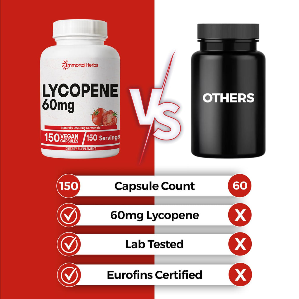 Immortal Herbs Lycopene Supplement for Men 60mg, 120 Capsules, Natural Tomato Extract Powder, 4 Month Supply, 100% Veg Lycopene Complex, Non-GMO and Gluten Free Carotenoid Supplement
