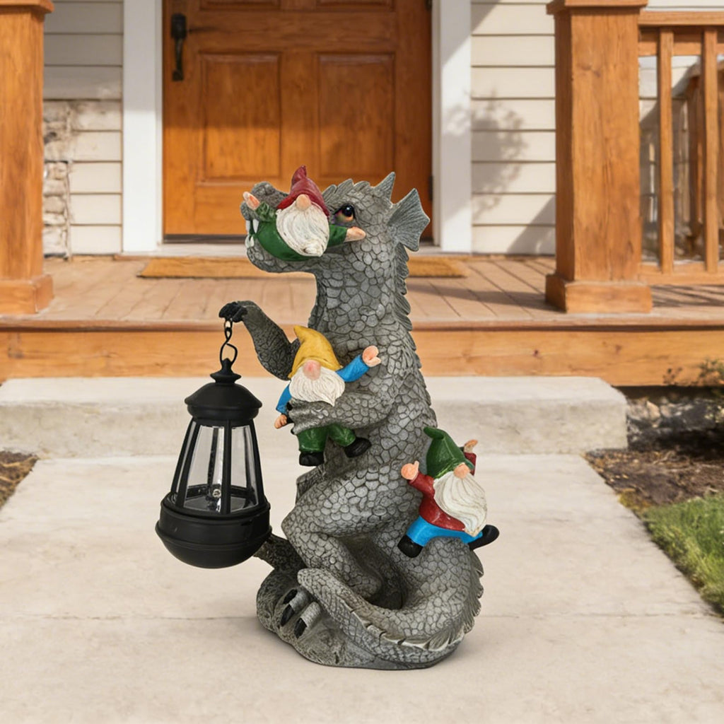 SAMPU CRAFT 12.3 Inch Dinosaur Garden Gnome Statue with Solar Lantern