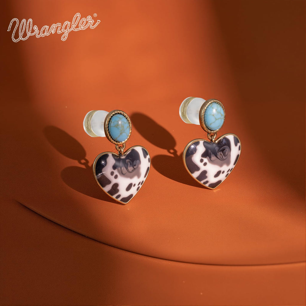 Wrangler Heart Drop Dangle Earrings, 14K Gold Turquoise Western Jewelry