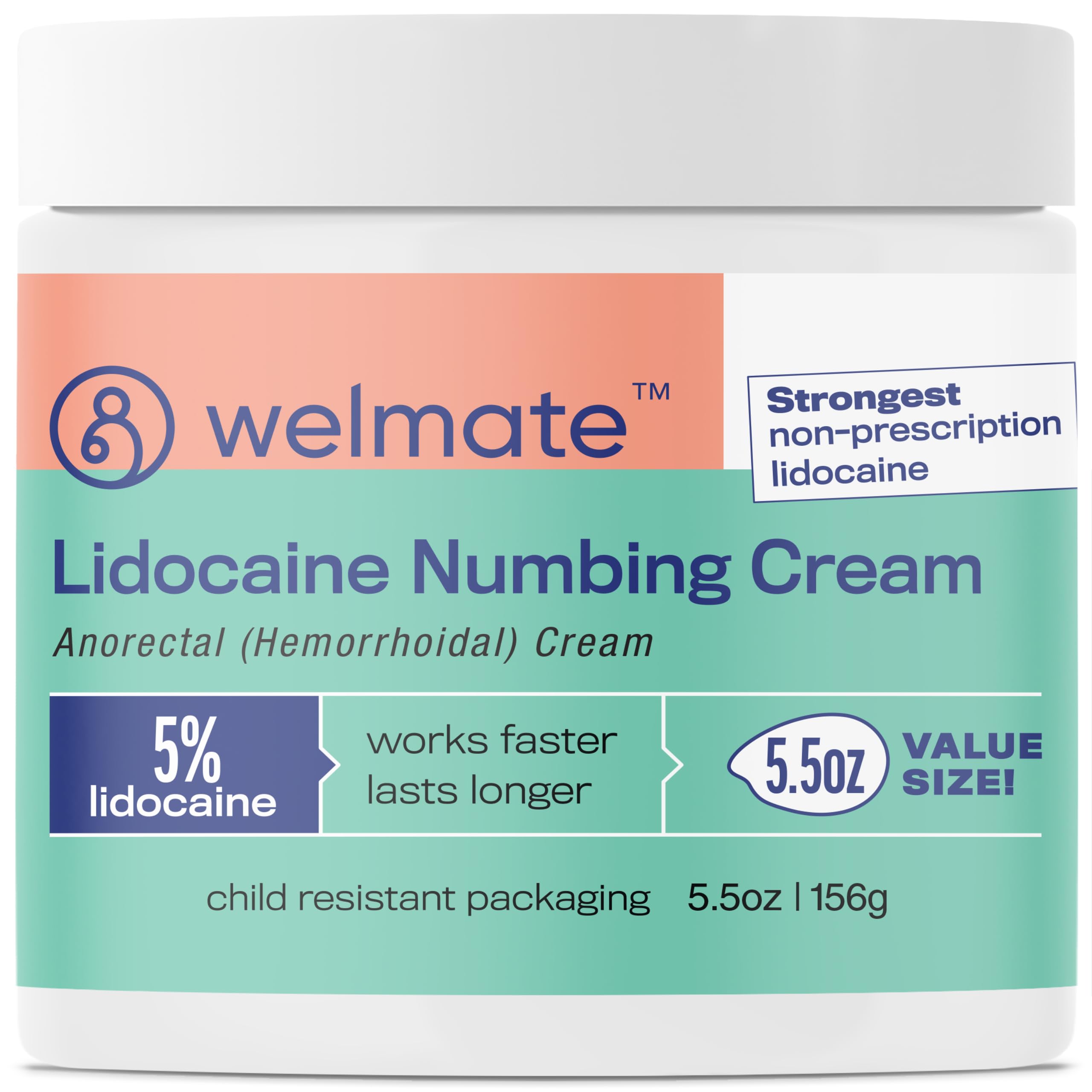 WELMATE 5% Lidocaine Numbing Cream for Hemorrhoids, 5.5 oz - Fast-Acting Maximum Strength Topical Anesthetic, Pain & Burn Relief, Anorectal Cream for Sensitive Skin, Non-Greasy