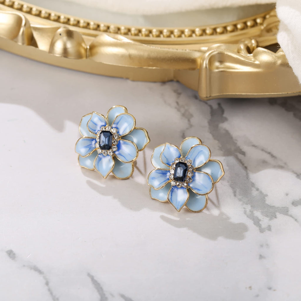 BriLove Stunning Emerald Cut Flower Leaf Stud Earrings for Women Blue