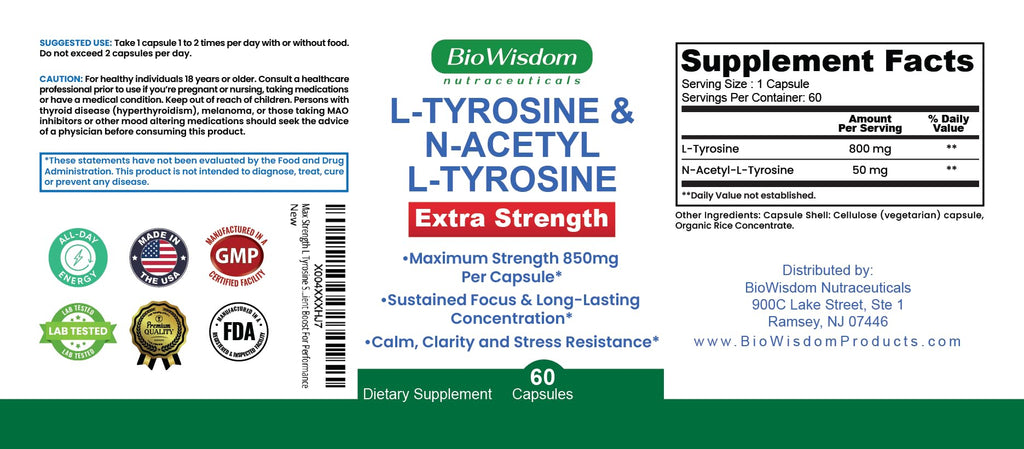 Max Strength L Tyrosine Supplement & N Acetyl L Tyrosine Peak Focus, Alertness, Concentration, Body & Mind Energy. L-Tyrosine 850mg Per 1 Capsule. A Well-Being Nutrient Boost For Performance