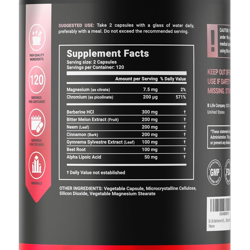 Berberine Complex+ Supplement | 240 Capsules – 60 Day Supply | with Berberine HCl, Bitter Melon Extract, Neem & More | Natural Wellness Formula | Platinum Series by B Life | Made in USA