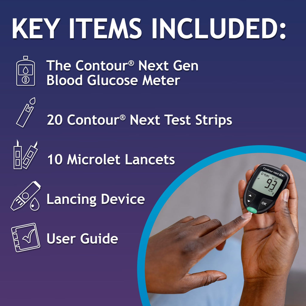 Ascensia CONTOUR NEXT GEN Blood Glucose Monitor All-In-One Kit with 20 Test Strips, Accurate Blood Sugar Monitor, Easy-to-Use Glucose Meter, Portable and Reliable Diabetes Testing Kit