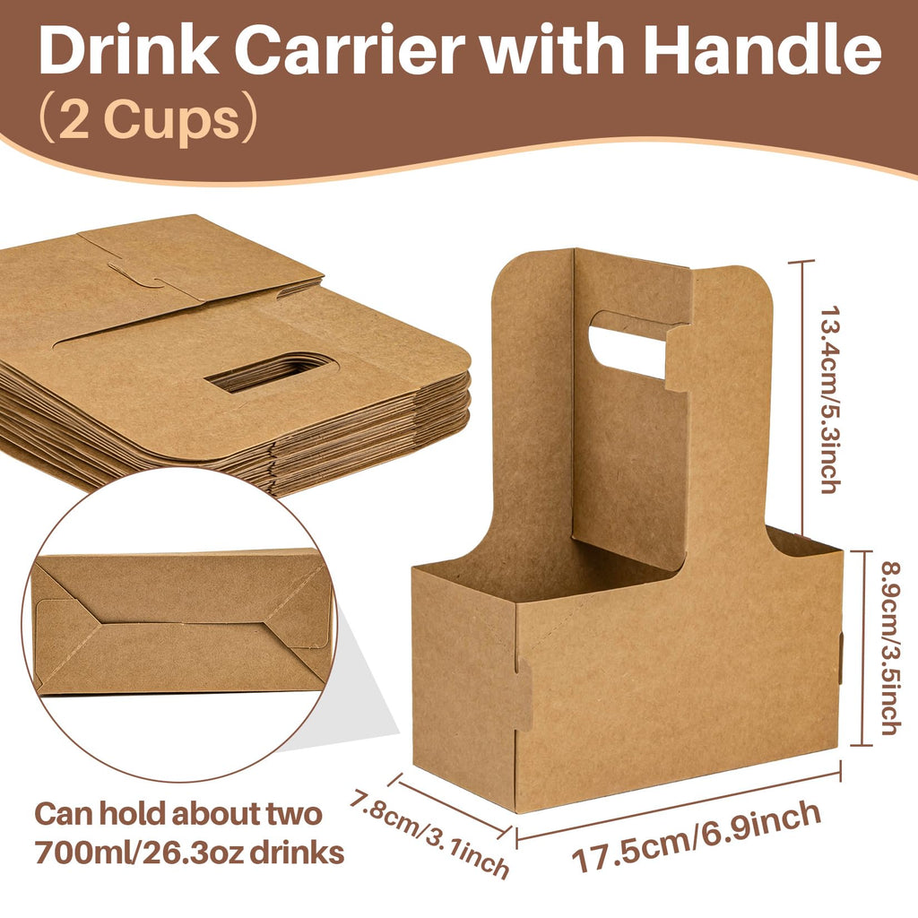 MAQIHAN 2 Cup Drink Carrier with Handle - 50Pcs Disposable Cardboard Coffee Cup Holder Portable Foldable Tray Drink Caddy Cup Carriers to go Cup Holder Food Delivery Accessories for Hot/Cold Drinks