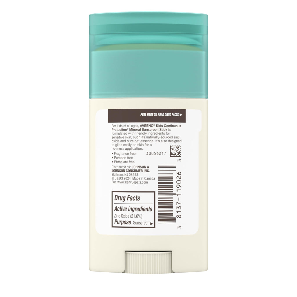 Aveeno Kids Continuous Protection Zinc Oxide Mineral Sunscreen Stick for Sensitive Skin, Face & Body Sunscreen Stick for Kids with Broad Spectrum SPF 50, Sweat- & Water-Resistant, 1.5 oz