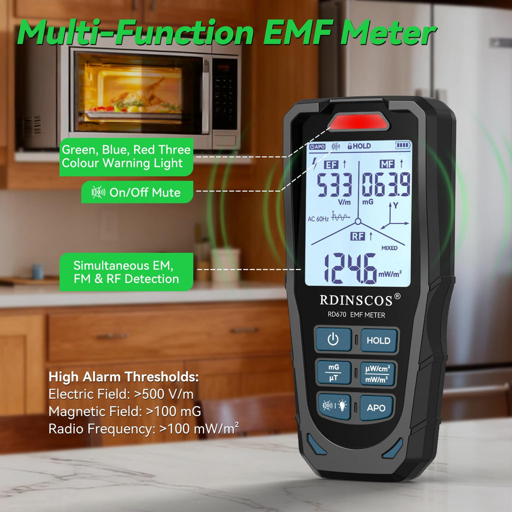 EMF Meter 5G RF Detector – Electric, Magnetic & Radio Frequency Field Tester up to 10GHz, Multi-Sensor EMF Detector for Power Lines, WiFi/Cell Phones, Smart Meters – LCD Display Sound & LED Alerts