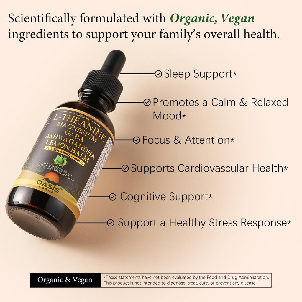 OASIS FORCE L Theanine 400mg Liquid Drops, L-Theanine Supplement for Adults & Kids with GABA, Magnesium & Ashwagandha, Natural Sleep, Focus & Relaxation Support, Vegan, Alcohol-Free, Non-GMO, 2 FL OZ