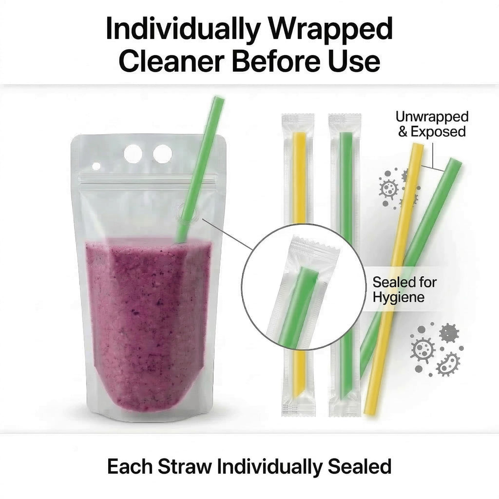 C CRYSTAL LEMON 100PCS Drink Pouches with Side Straw Port, Resealable Drink Bag Set with Straws & Funnel, 17oz Clear Beverage Pouches for Juice, Smoothies, Cocktails & Slushies