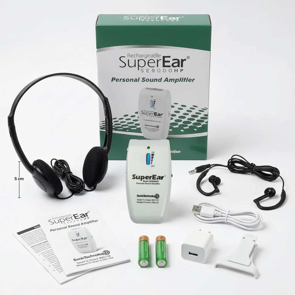 SuperEar SE9000HP Hearing Amplifier – Rechargeable Personal Sound Amplification System with Headphones & Earbuds, 50dB Boost, 3-Tone Selection