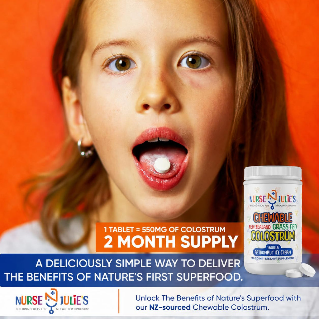 Nurse Julie's Chewable Colostrum for Kids, 120 Count - Easy-to-Chew Children's Tablet for Daily Immune & Gut Support, Grassfed New Zealand Colostrum Pills for Children, No Additives, 2 Month Supply