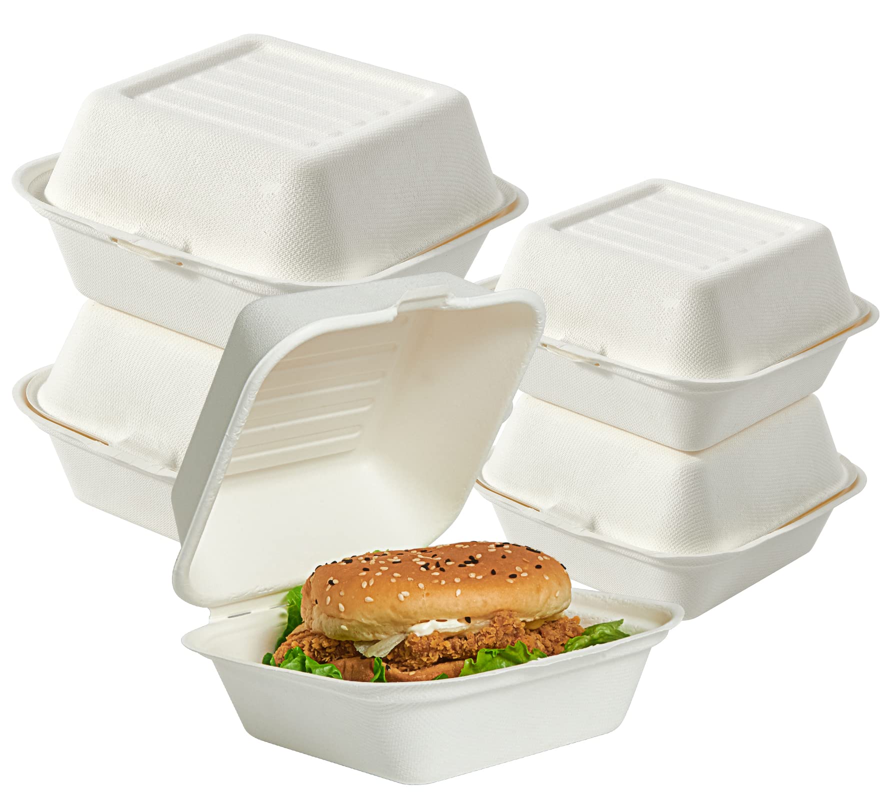ECOLipak 200 Pack Clamshell Take Out Food Containers, 100% Compostable Disposable To Go Containers，6 * 6 inch To Go Boxes for Salad, Cake,Sandwiches