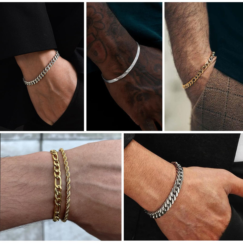Zocomi Gold Plated Chain Bracelets for Men Stainless Steel Cuban Link Figaro Herringbone Rope Chains Wrist Band Metal Bracelet Set Jewelry Gifts Him Male Oro Pulsera Para Hombres 7.5 Inches