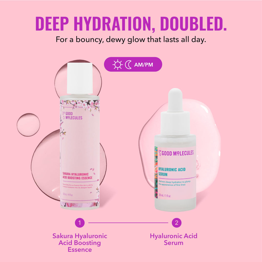 Good Molecules Hyaluronic Acid Serum and Sakura Essence Duo, Hydrating Skincare Set, 30ml Serum with 100ml Boosting Essence, All Skin Types