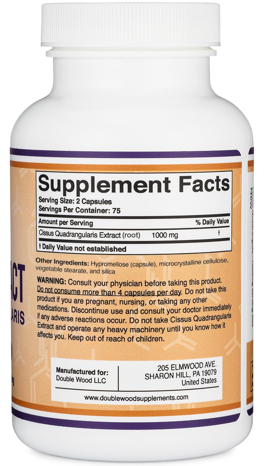 Double Wood Supplements Cissus Quadrangularis Super Extract, 150 Capsules (Non-GMO, Gluten Free) Dietary Supplement for Joint and Tendon Health, 1000mg Serving Size