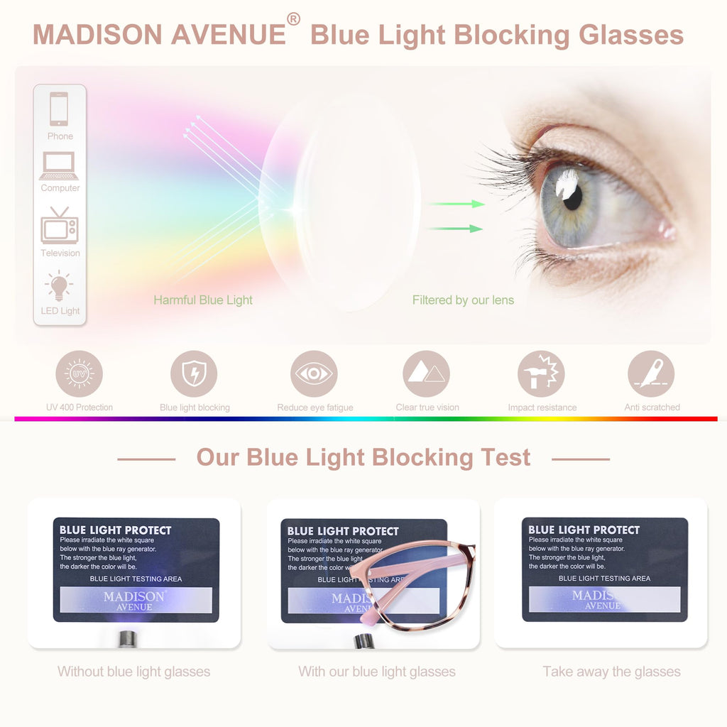Madison Avenue TR90 Blue Light Blocking Glasses Anti Eyestrain UV Glare Blue Light Glasses for Women TV Phone Computer Gaming Eyeglasses (Pink Tortoiseshell)