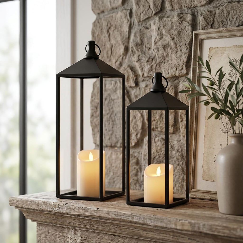 Lanterns Decorative Outdoor Indoor, 17" 13" Set of 2 Black Candle Lanterns