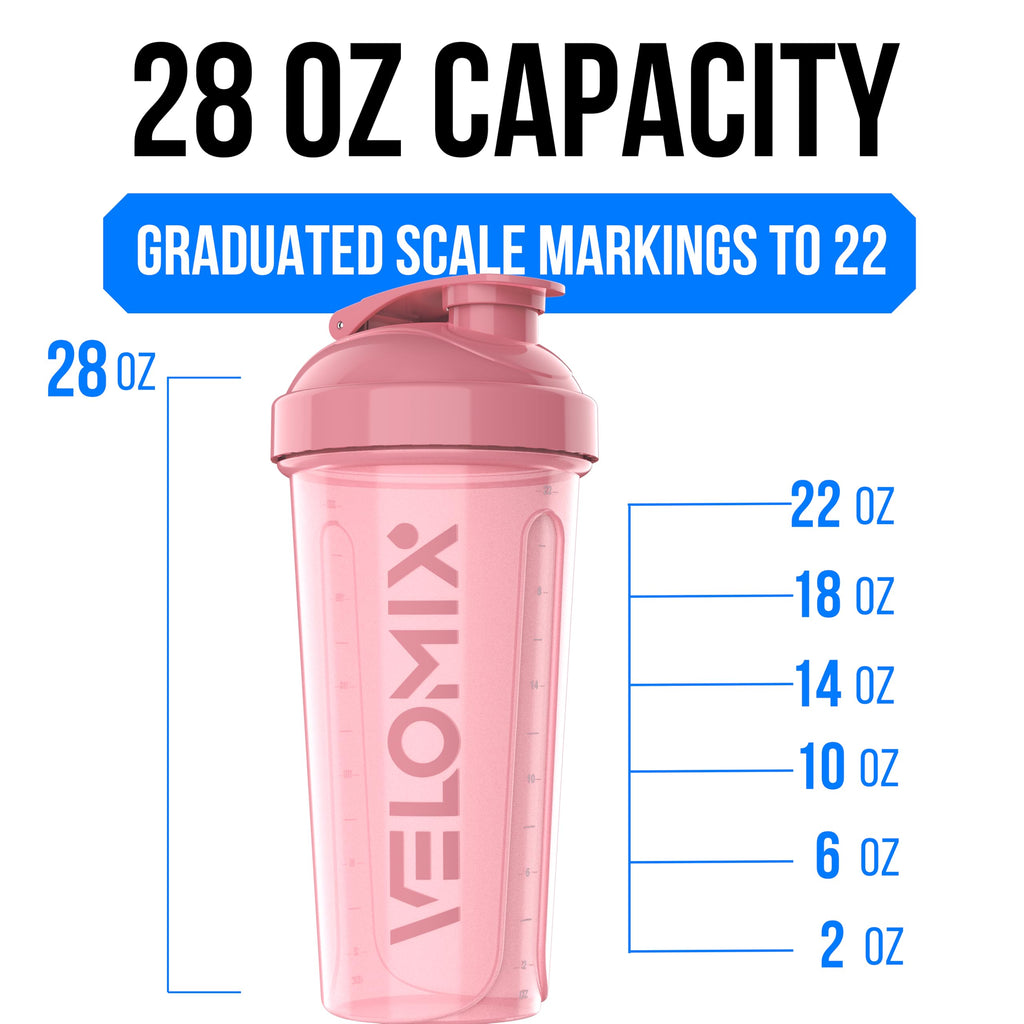 VELOMIX -2 Pack- 28 oz Protein Shaker Bottles for Protein Mixes - 2x Wire Whisk | Leak Proof Shaker Cups for Protein Shakes | Protein Shaker Bottle Pack | Shakers for Protein Shakes-Pink&Black