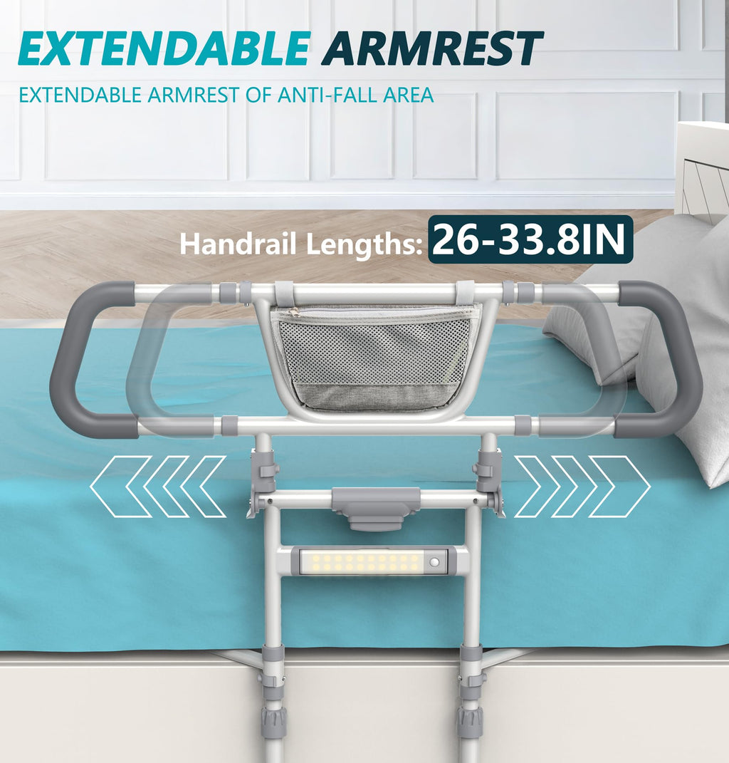 Packve Foldable Bed Rails for Elderly Adults Safety - Bed Side Assist Rail for Seniors with Extendable Guard Rails & Storage Bag, Adjustable Height Bedrails for Queen King Full Size Bed