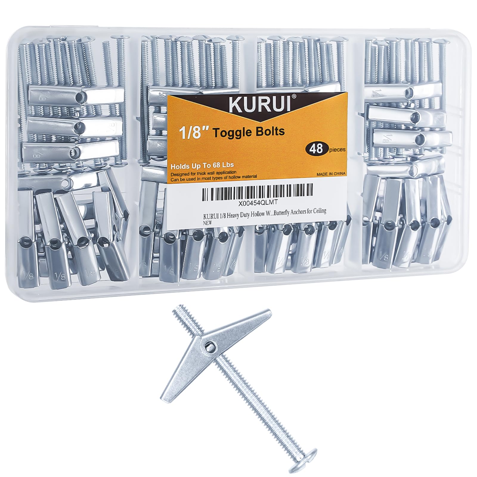KURUI 1/8 Toggle Bolts for Drywall, 48 Pcs Heavy Duty Metal Drywall Anchors Kit, Dry Wall Anchors and Screws Kit, Butterfly Anchors for Ceiling, Sheetrock, Hollow Wall