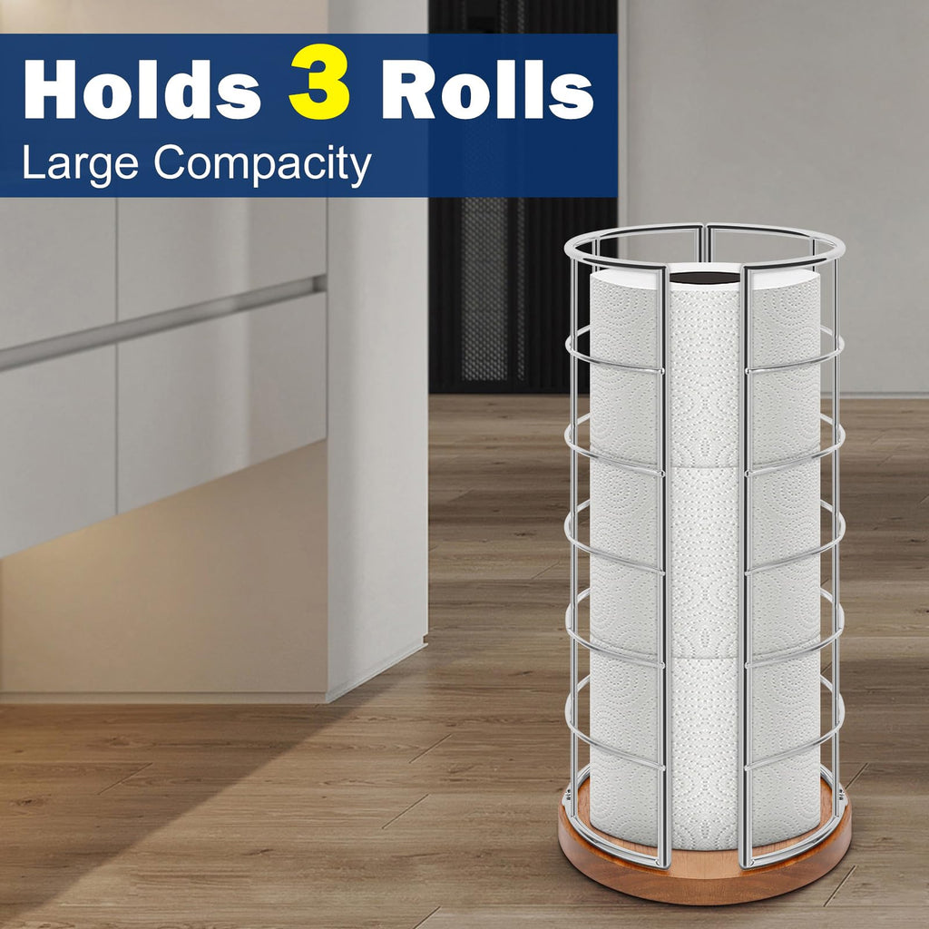 NearMoon Toilet Paper Organizer Stand, Freestanding 3 Rolls Tissue Storage, Metal Bathroom Accessory, Rustproof Toilet Roll Holder for Kitchen Countertop Inside Cabinet Shelf(Wooden Base, Chrome)