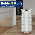 NearMoon Toilet Paper Organizer Stand, Freestanding 3 Rolls Tissue Storage, Metal Bathroom Accessory, Rustproof Toilet Roll Holder for Kitchen Countertop Inside Cabinet Shelf(Wooden Base, Chrome)