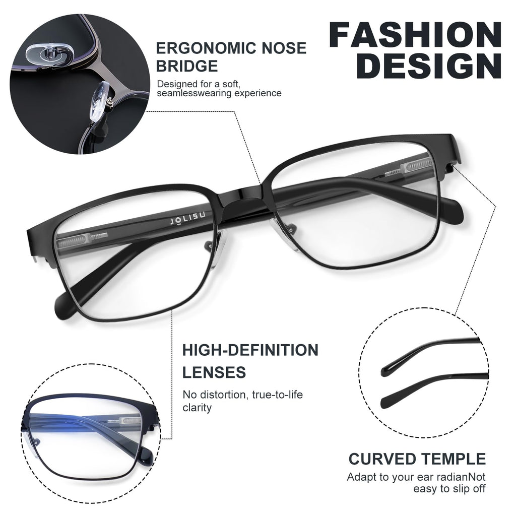 JOLISU 5PCS Reading Glasses Men - Blue Light Blocking Metal Frame for Mens/Women - Durable Readers Fit Read（2.00）
