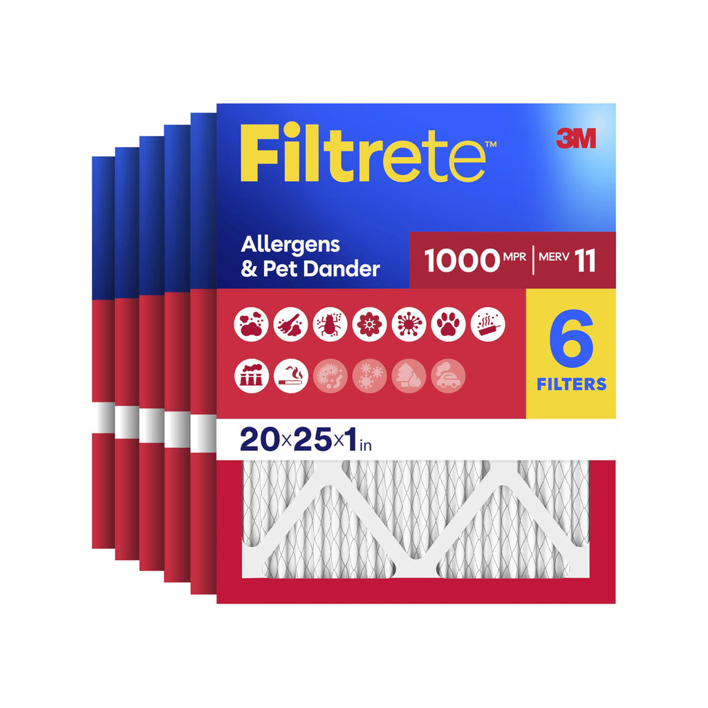 Filtrete 20x25x1 Air Filter, MERV 11, MPR 1000, Allergens & Pet Dander, 3-Month AC and Furnace Filters, Cleaner Air, Reliable Airflow, 6 HVAC Filters (Actual Size 19.68 x 24.68 x 0.81 in)