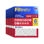 Filtrete 20x25x1 Air Filter, MERV 11, MPR 1000, Allergens & Pet Dander, 3-Month AC and Furnace Filters, Cleaner Air, Reliable Airflow, 6 HVAC Filters (Actual Size 19.68 x 24.68 x 0.81 in)