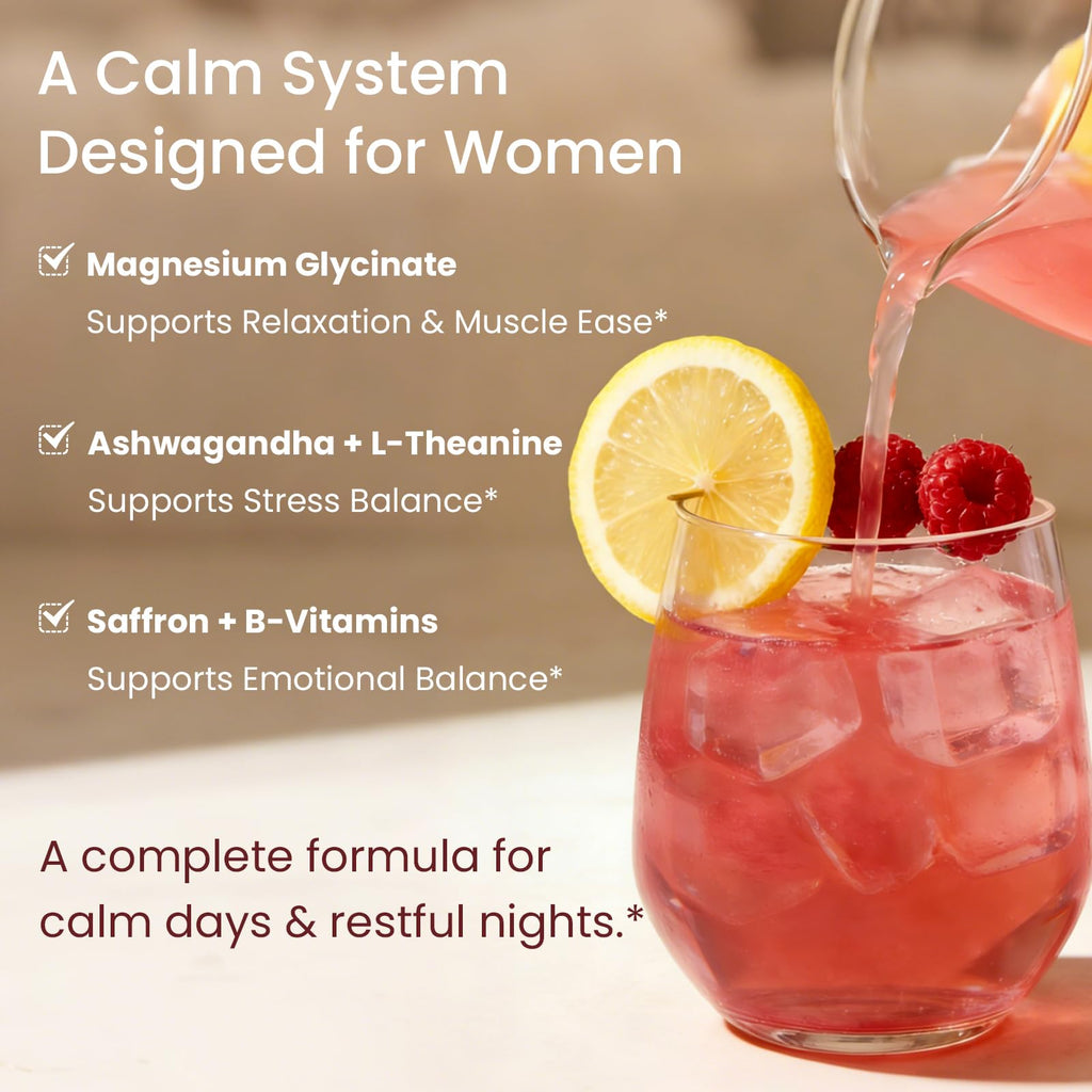 CalmRest Calm Magnesium Powder Calming Drink Mix Cortisol Supplement for Women with Ashwagandha, Saffron, L Theanine, Vitamin D3-Stress Relief & Relaxation Support, No Sugar, 30Ct, Raspberry Lemonade