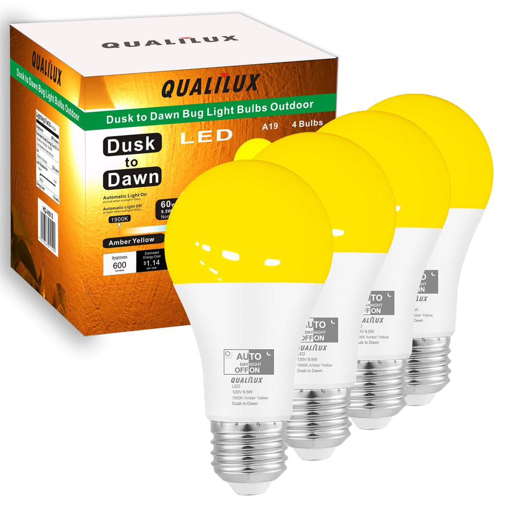 Qualilux Dusk to Dawn A19 LED Bug Light Bulbs Outdoor, 1900K Amber Yellow, 600 Lumen, 9.5W, E26, 4-Pack, HQ-H018