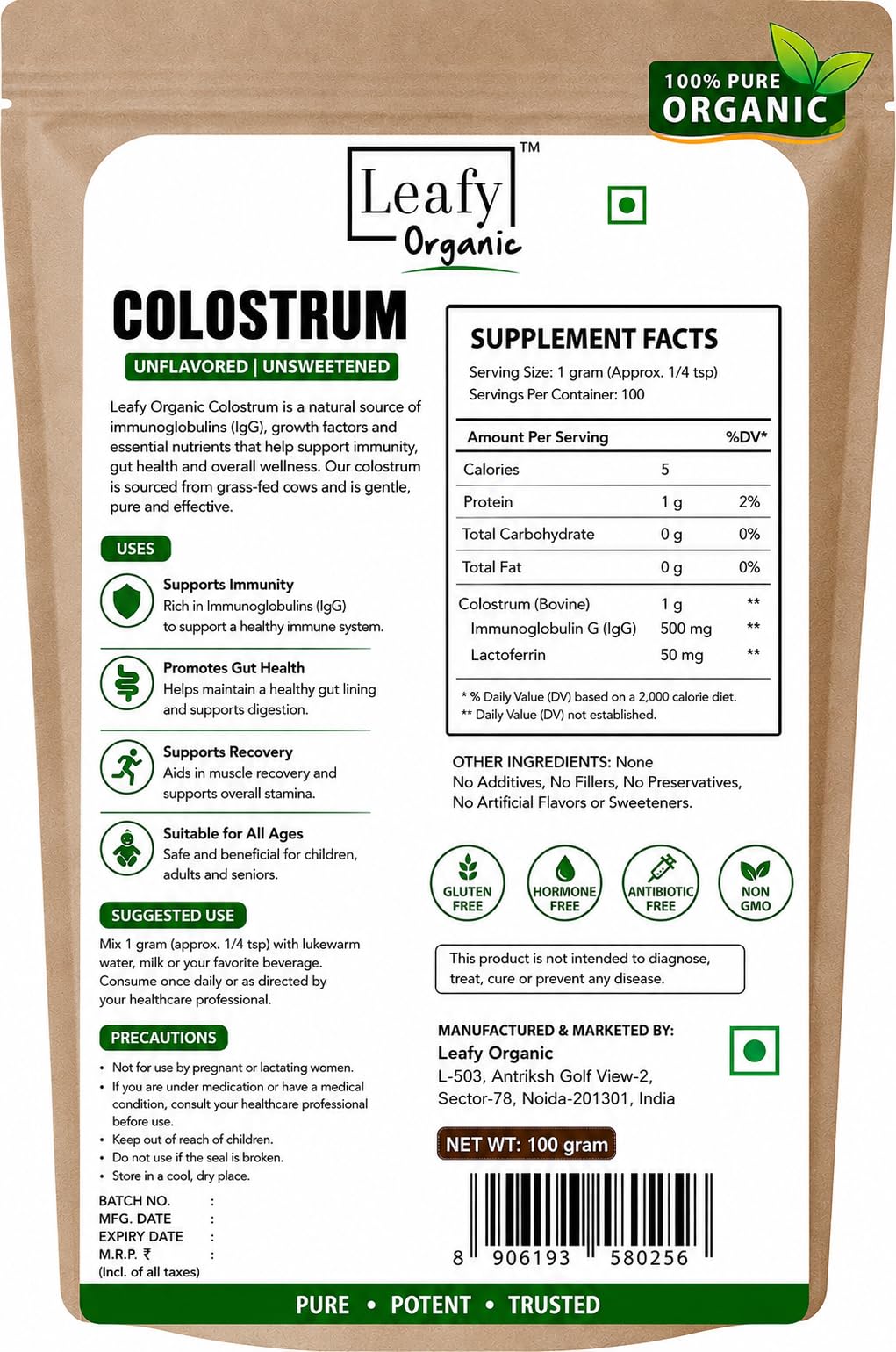 Leafy Organic Colostrum Powder Supplement for Gut Health, Immune Support, & Overall Wellness, 50% IgG, 6-Hour Colostrum Supplement, 100% Pure, Unflavored (100Gram) 3.5oz