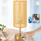 Yarra-Decor Bedside Lamp with USB Port - Touch Control Table Lamp for Bedroom Wood 3 Way Dimmable Nightstand Lamp with Round Flaxen Fabric Shade for Home Office (LED Bulb Included) (Y - NET)