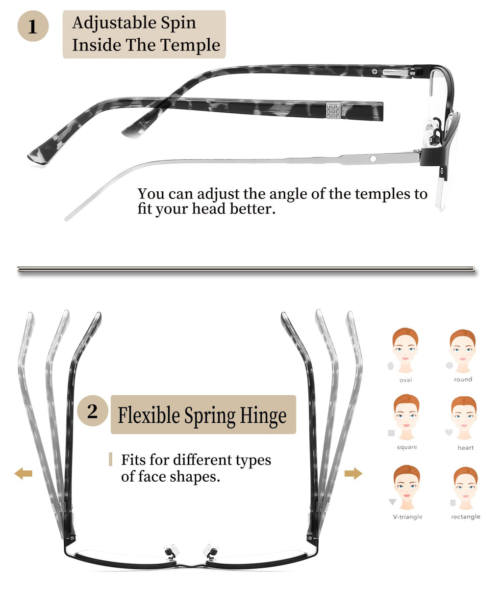 HOTJOJO 3 Pack Reading Glasses for Women Blue Light Blocking, Metal Oval Half Frame Womens Readers Glass with Spring Hinge, Anti Blue Ray Reduce Eye Strain Glare Headache(175 Magnification Strength)