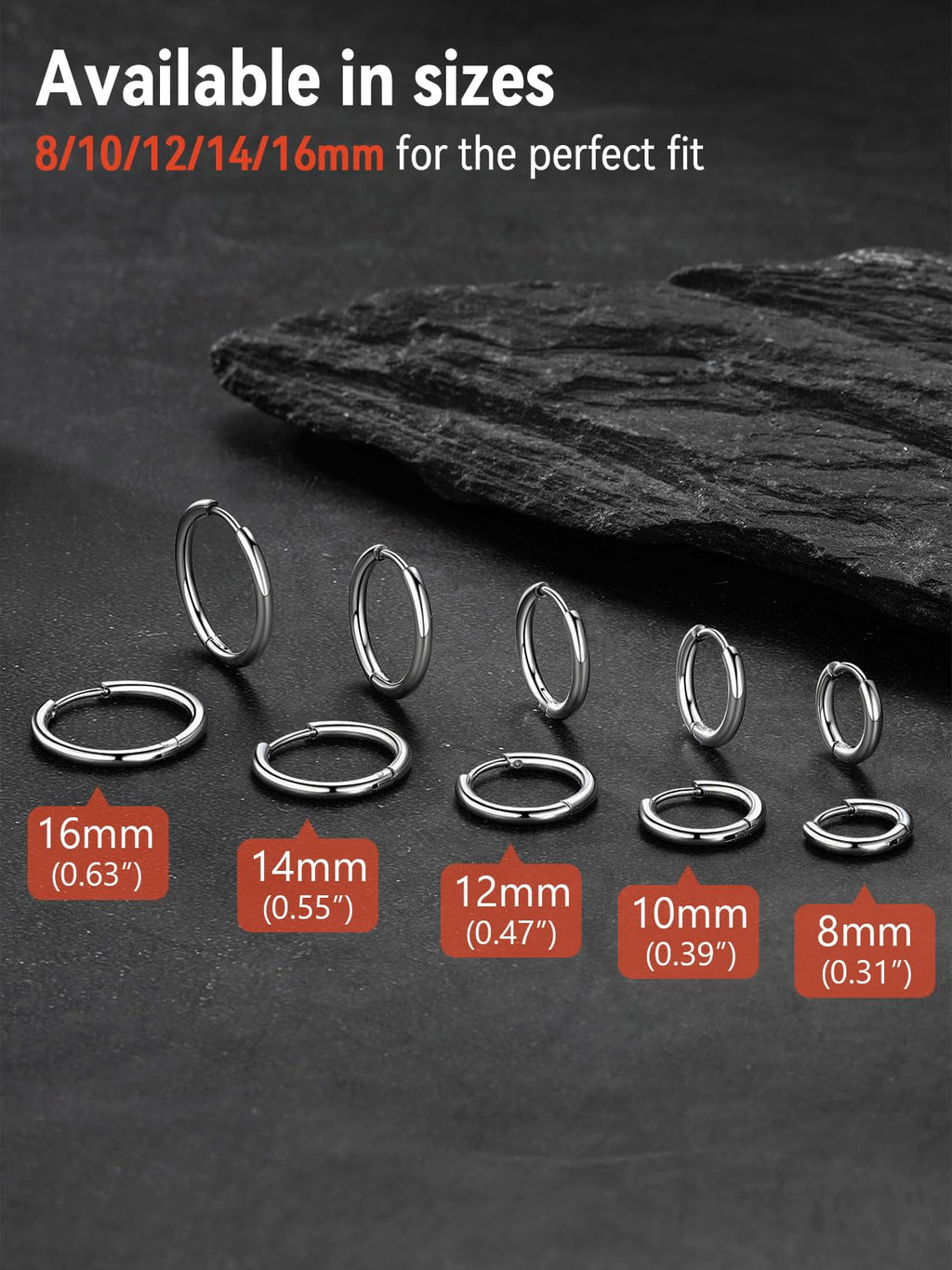 FaithHeart Stainless Steel Black Huggie Hoop Earrings for Men 10mm