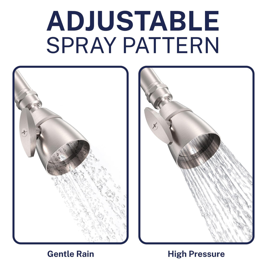 HammerHead Showers® SOLID METAL 2 Inch High Pressure Shower Heads BRUSHED NICKEL – California Compliant 1.75 GPM Low Flow Rate - High Flow Shower Head with ADJUSTABLE SPRAY PATTERN - Fixed Shower Head