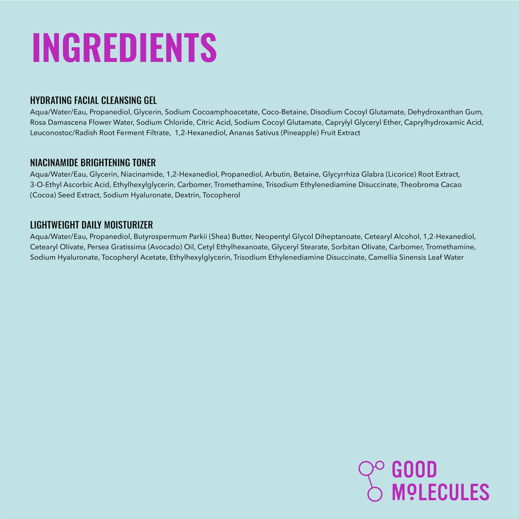 Good Molecules Cleanse, Tone & Moisturize Skincare Set – Hydrating Facial Cleansing Gel (200ml), Niacinamide Brightening Toner (120ml) & Lightweight Daily Moisturizer (100ml)