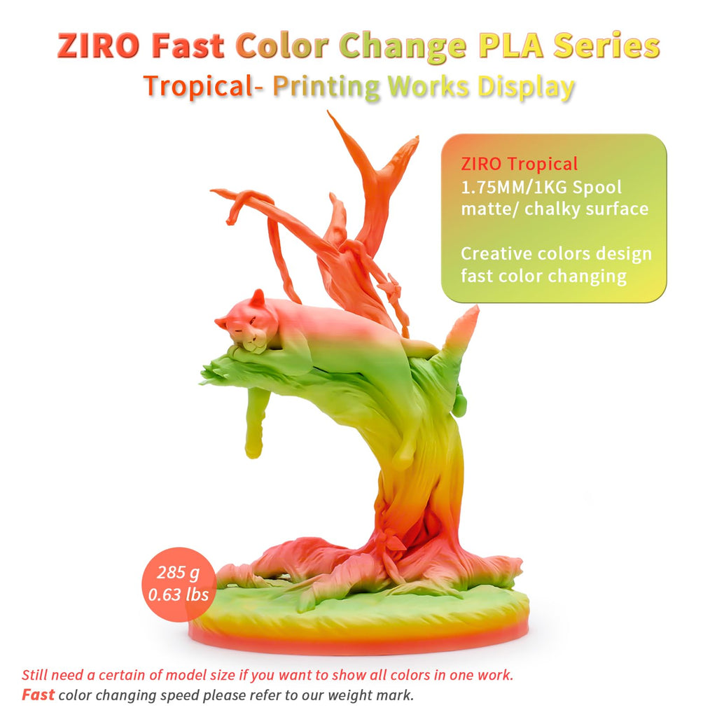 ZIRO 3D Printer Filament, Faster Color Change Filament 1.75mm, Color Gradient Material, No-Shine Rainbow PLA, Dimensional Accuracy +/- 0.03mm, Fit Most FDM Printer 1KG Spool, Tropical (Matte)