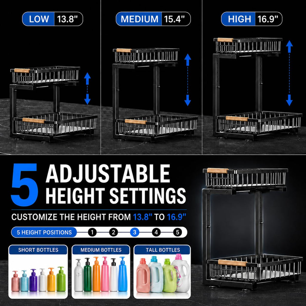 GeeBom Under Sink Organizer 2 Pack, Double Slide Out Metal Shelf, Black